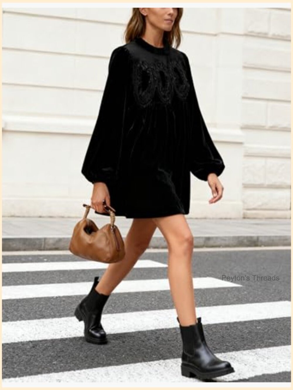 A-Line Velvet Lace Babydoll Mini Dress Scallop Neck Flared Swing Dress - Picture 5 of 7